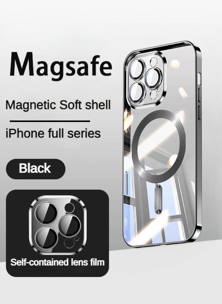 MagSafe Phone Case Magnetic Phone Cover, Built-In Lens Protective Film, Full Shockproof Protection, Anti-Drop and Scratch-Resistant Design, Transparent Back, Slim Phone Protective Case, with Strong Magnet - Black