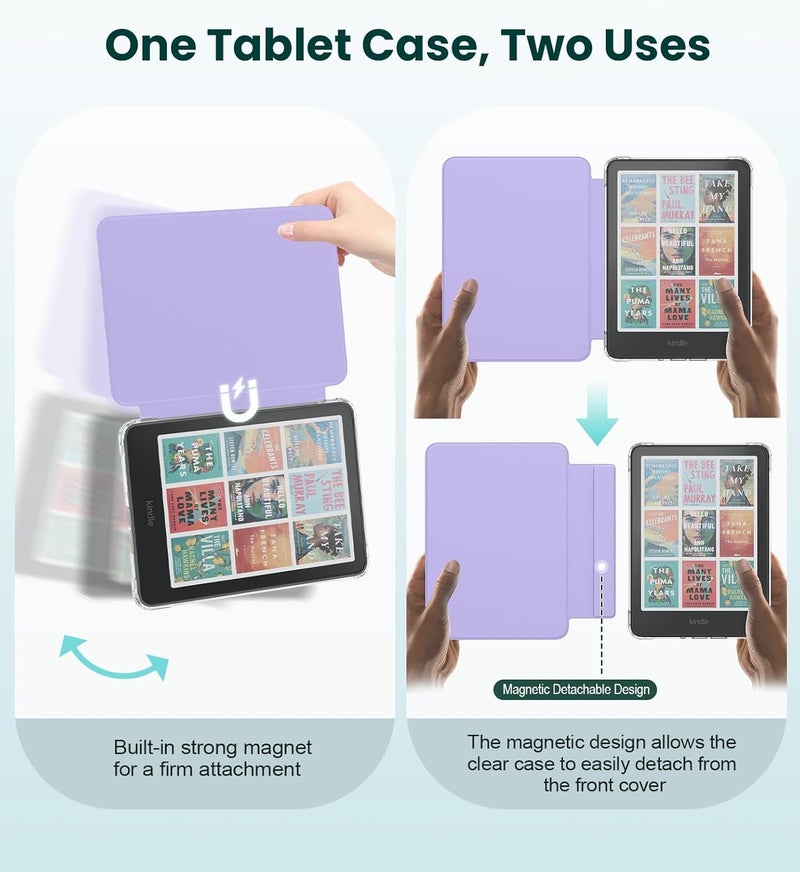 MoKo Detachable Magnetic Case for All-new 7" Kindle Paperwhite 12th Generation 2024 & Kindle Colorsoft 2024/2025,Ultra Clear Back Scratch-Proof Light & Shell Cover with Auto Wake/Sleep, Lilac - Image 4