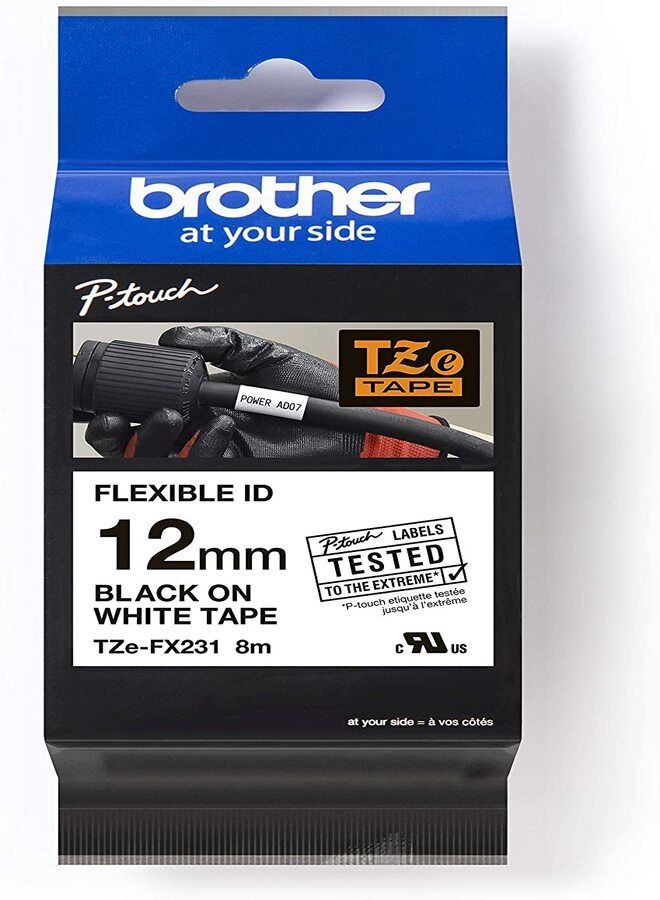brother Genuine Brother TZe-FX231 Flexible ID Laminated Label Tape Black on White, 12mm wide, 8m long - Image 1