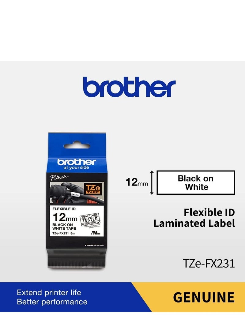 brother Genuine Brother TZe-FX231 Flexible ID Laminated Label Tape Black on White, 12mm wide, 8m long - Image 2