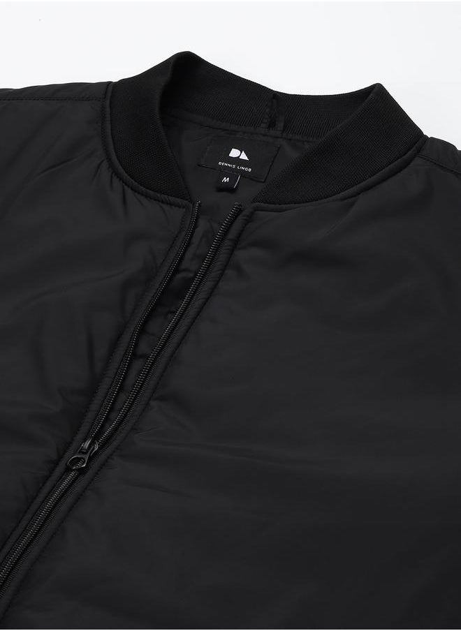 Dennis Lingo - Black Regular Fit Men's Solid Rib Collar Polyester Jacket with Zipper Closure - Image 1