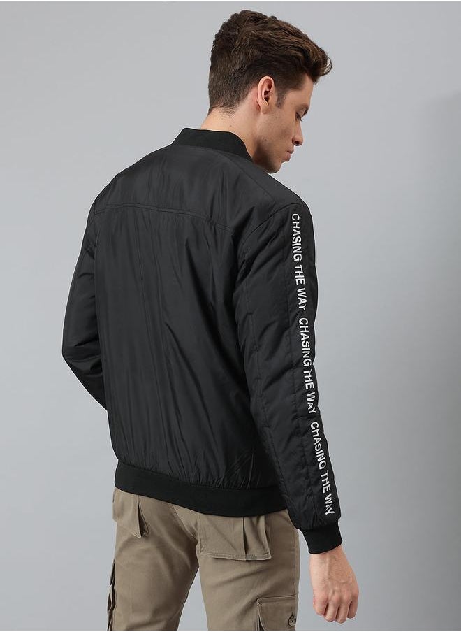 Dennis Lingo - Black Regular Fit Men's Solid Rib Collar Polyester Jacket with Zipper Closure - Image 1