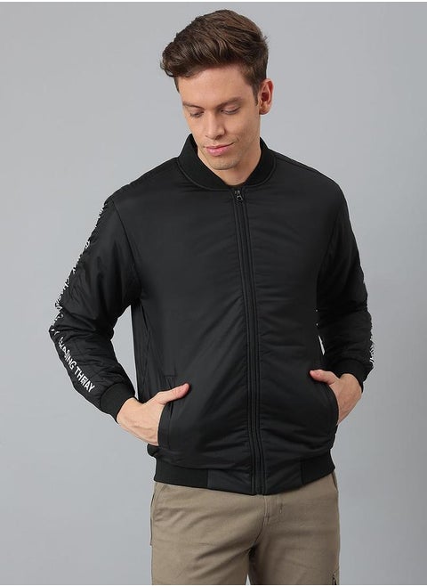 Black Regular Fit Men's Solid Rib Collar Polyester Jacket with Zipper Closure