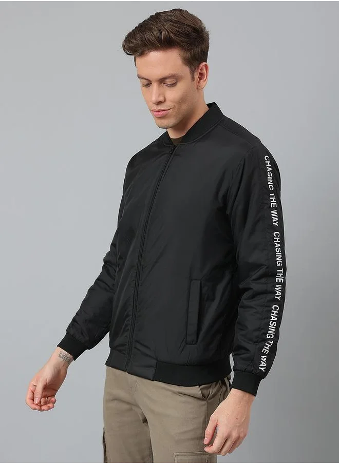 دينيس لينغو Black Regular Fit Men's Solid Rib Collar Polyester Jacket with Zipper Closure