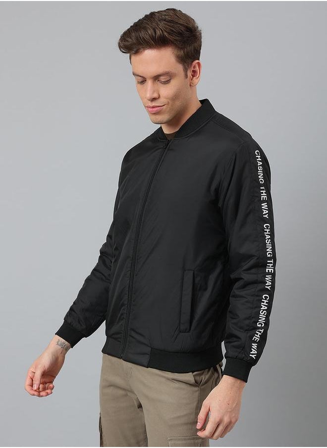 Dennis Lingo - Black Regular Fit Men's Solid Rib Collar Polyester Jacket with Zipper Closure - Image 1