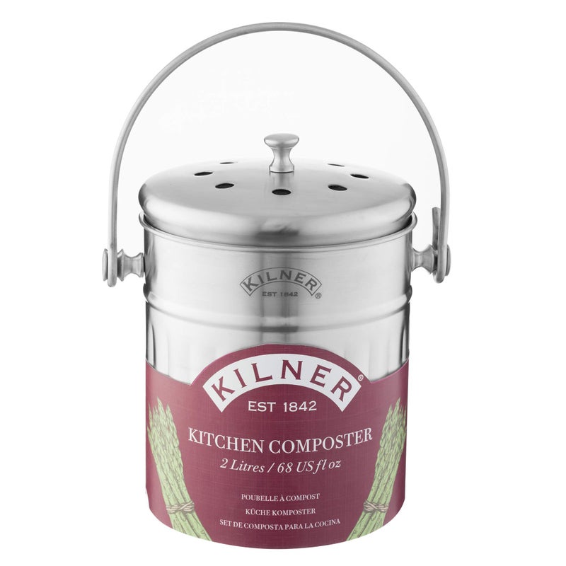 Kilner Stainless Steel Kitchen Composter 2 Litre Capacity with Carbon Filters for Odour Control Durable  Easy to Clean Ideal for Compostable Food Waste Storage