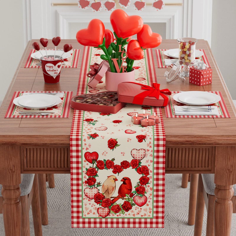 XCHI Plaid Roses Flowers Love Hearts Cardinal Valentine's Day Table Runner Table Decoration for Party Home Kitchen Dining Holiday Decor 13x72 Inch - Image 2