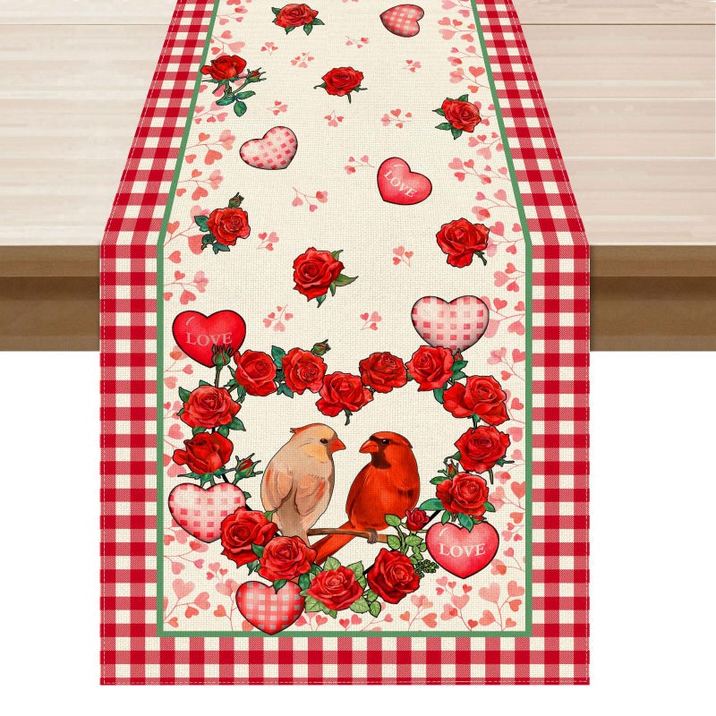 XCHI Plaid Roses Flowers Love Hearts Cardinal Valentine's Day Table Runner Table Decoration for Party Home Kitchen Dining Holiday Decor 13x72 Inch - Image 1