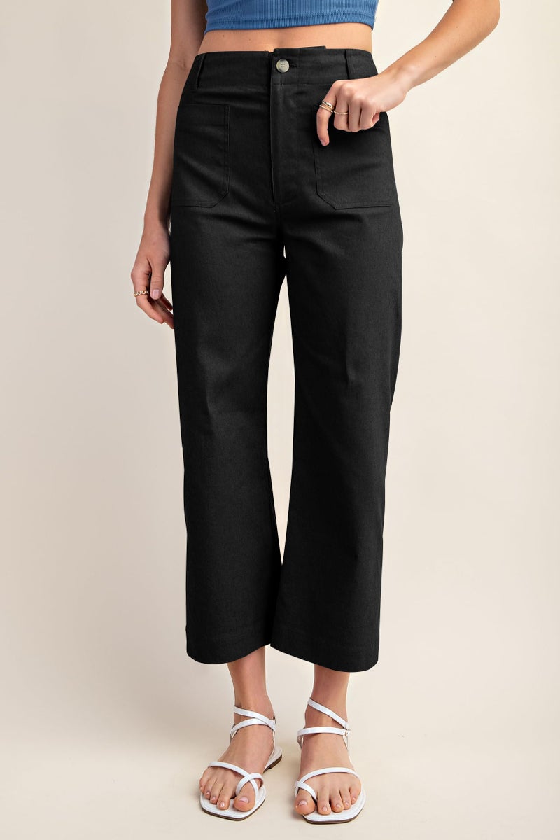 miduo Womens Fashion Loose Button High Waisted Zipper Cropped Wide Leg Straight Leg Capris Pants with Pockets Black 27 - Image 2