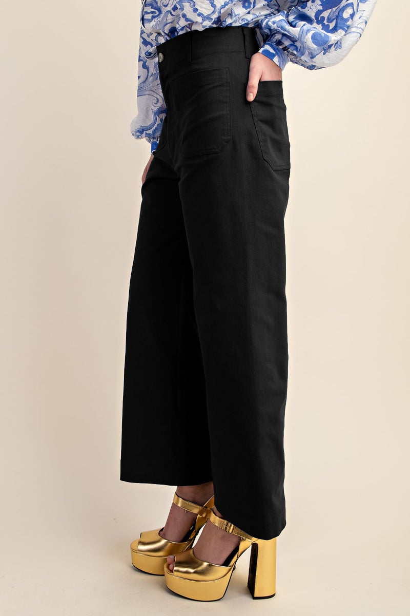 miduo Womens Fashion Loose Button High Waisted Zipper Cropped Wide Leg Straight Leg Capris Pants with Pockets Black 27 - Image 4
