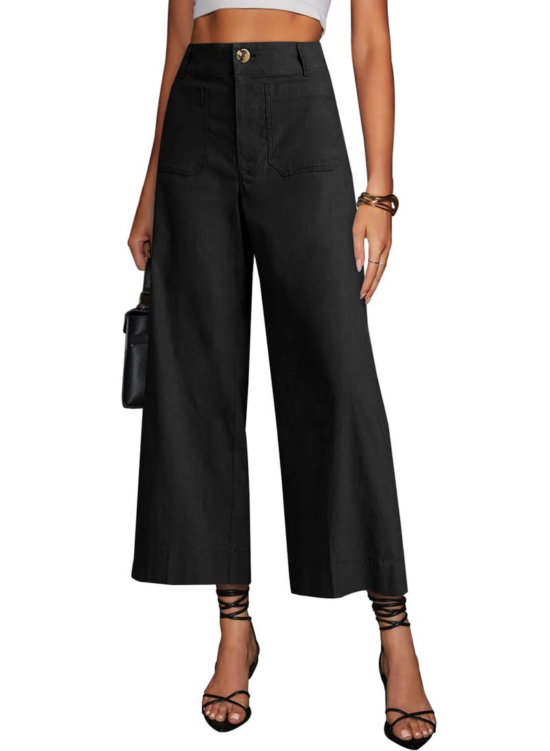 miduo Womens Fashion Loose Button High Waisted Zipper Cropped Wide Leg Straight Leg Capris Pants with Pockets Black 27 - Image 1