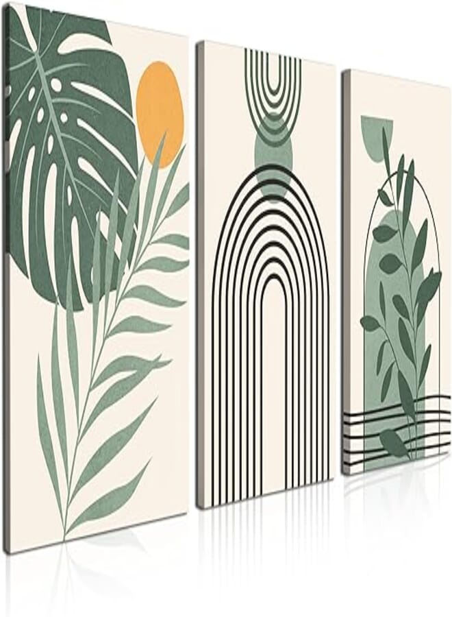 Boho Wall Art Set of 3 Mid Century Modern Wall Decor Abstract Geometric Prints Black Green Plant Sun Natural Framed Canvas Prints Artwork Ready To Hang for Living Room Bathroom Bedroom 12x16inch 