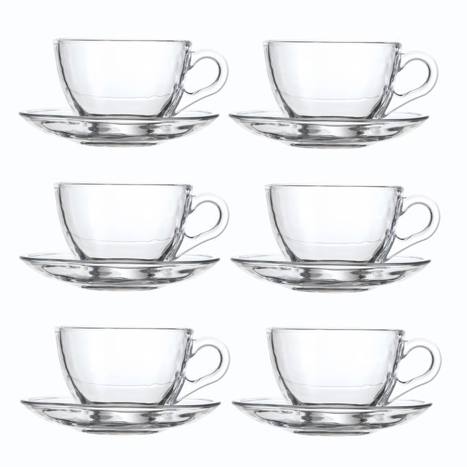 GLASS TEACUP AND SAUCER SET 6 PACK COFFEE MUG WITH STAINLESS STEEL SPOON SUITABLE FOR ESPRESSO JUICE CAPPUCCINO AND MORE BEVERAGE 7OZ210ML CLEAR