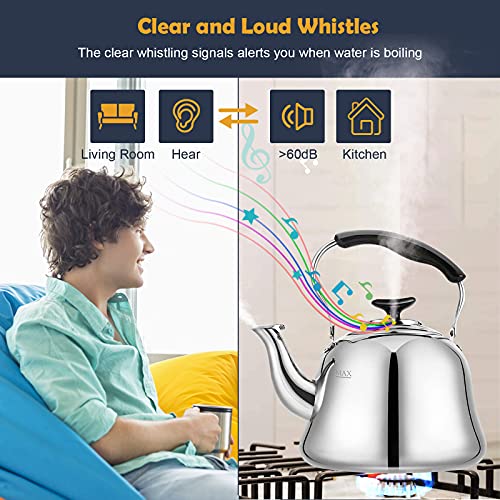 AMFOCUS Tea Kettle Stovetop Whistling Teakettle ClassicTeapot Stainless Steel Tea Pots for Stove Top with Heat-resistant Folding Handle Mirror Finish, 2 liters - Image 2