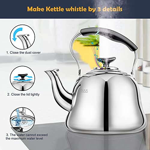 AMFOCUS Tea Kettle Stovetop Whistling Teakettle ClassicTeapot Stainless Steel Tea Pots for Stove Top with Heat-resistant Folding Handle Mirror Finish, 2 liters - Image 3