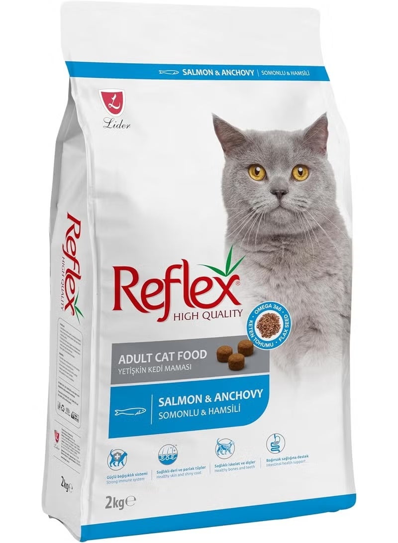 ريفليكس طعام قطط جاف للقطط البالغة بنكهة السلمون والأنشوجة - 2 كيلو- غني بأوميغا 3 و6 لتحسين الجلد والمناعة