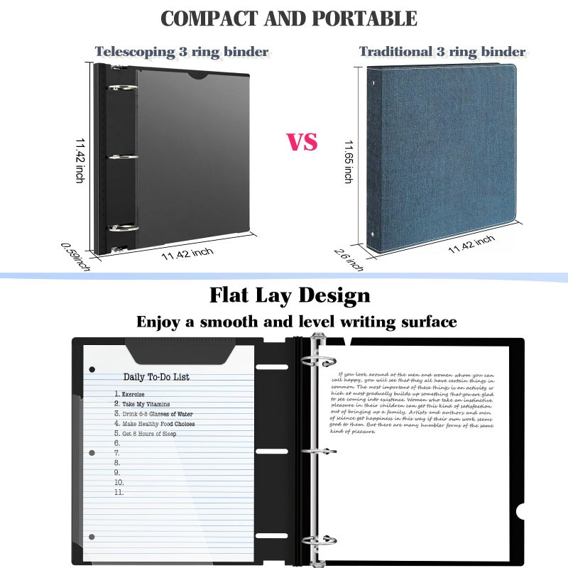 INFUN 1.5 Inch Telescoping 3 Ring Binder - 6PCS, Flexible Round Binder with Customizable Front Cover and Clear Catalog Pocket, 1.5Inch Rings, 370 Sheet Capacity-Black - Image 3