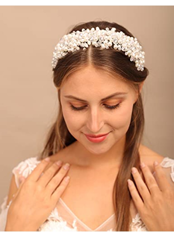 YERTTER Vintage Wedding Pearl Beads Crystal Tiara Hair Crown Handmade Bride Headband Bridal Greek Goddess Pearl Head Pieces for Wedding Prom Birthday Party Style 1 - Image 3