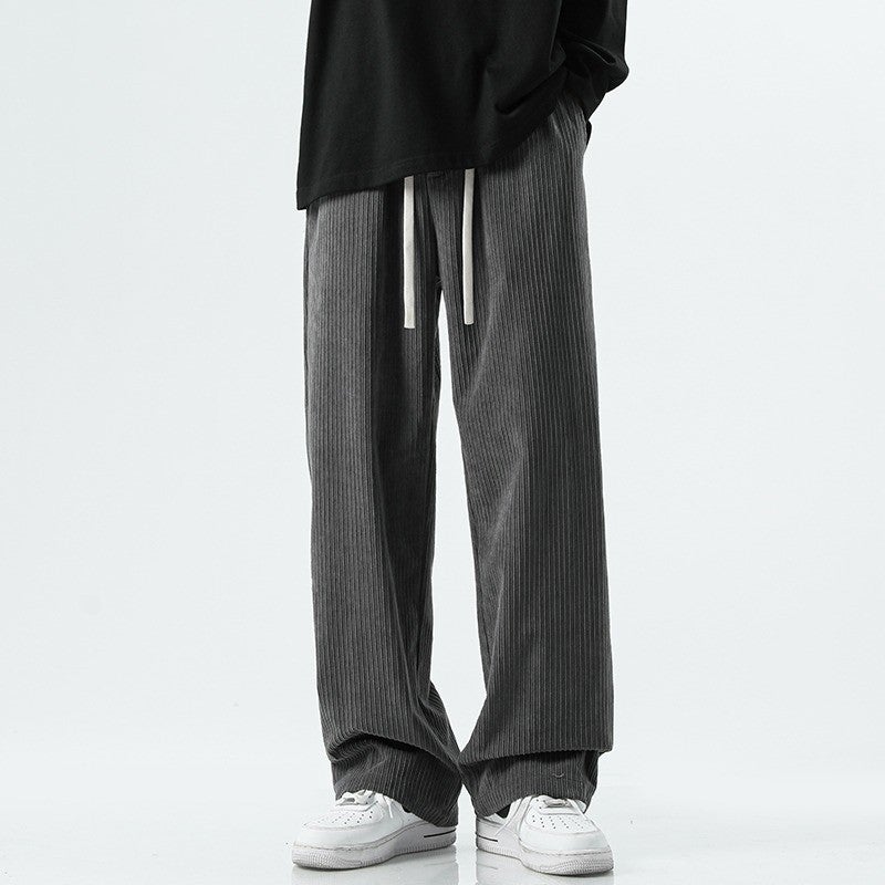 Corduroy Pants Mens Summer Thin Mop Pants Sports Pants Wide Leg Straight Loose Black Casual Pants Apricot - Image 3