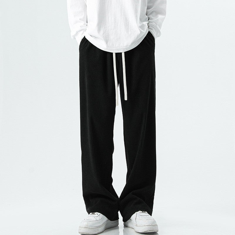Corduroy Pants Mens Summer Thin Mop Pants Sports Pants Wide Leg Straight Loose Black Casual Pants Apricot - Image 2