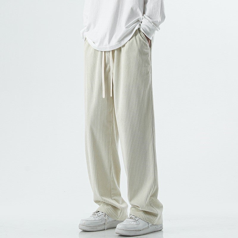 Corduroy Pants Mens Summer Thin Mop Pants Sports Pants Wide Leg Straight Loose Black Casual Pants Apricot - Image 1