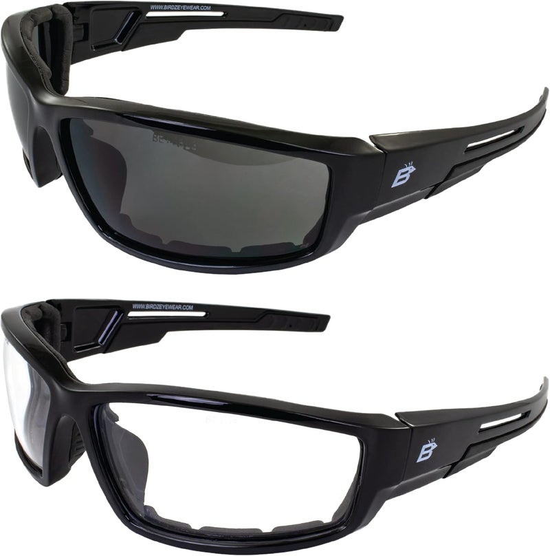 Birdz نظارات موتوسيكل Birdz Swoop المضادة للضباب مع وسادة - إطار أسود مع عدسات شفافة ومدخنة - Image 1