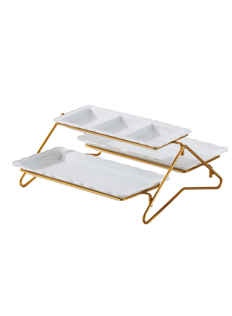 Shallow Shallow Elegant Porcelain 2 Tier Rectangle White Plate with Gold Stand (Small Plate 33cm, Large Plate 36cm)