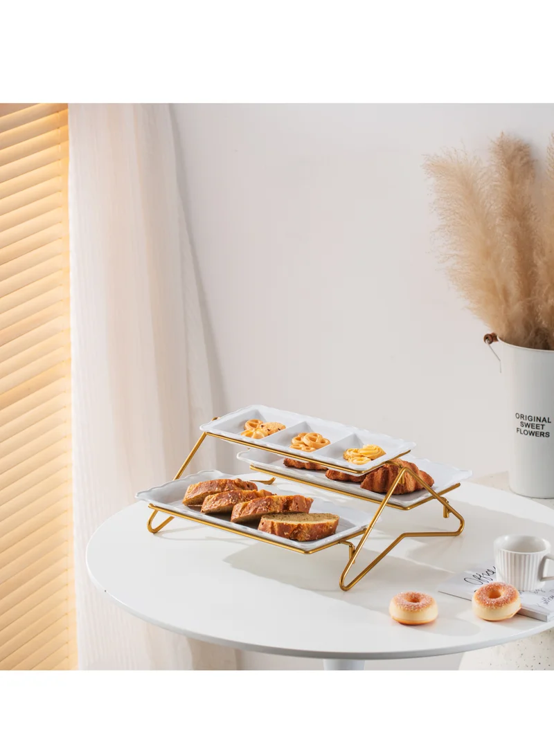 Shallow Shallow Elegant Porcelain 2 Tier Rectangle White Plate with Gold Stand (Small Plate 33cm, Large Plate 36cm)