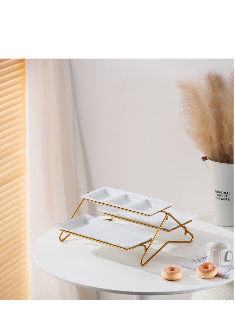 Shallow Shallow Elegant Porcelain 2 Tier Rectangle White Plate with Gold Stand (Small Plate 33cm, Large Plate 36cm)  - Image 3