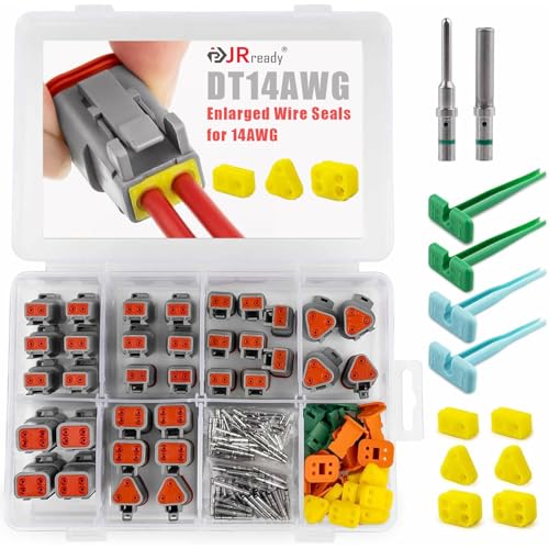JRready ST6460 14AWG 16AWG Deutsch Connector 2 3 4 pin, 2 pin Deutsch Connector Kit with 16 Solid Contacts, Removal Tools and 14AWG Yellow Seals - Image 1