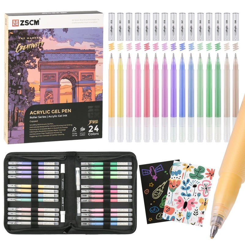 ZSCM 24 Colors 3D Acrylic Gel Pens & Black Paper Sketchbook for Drawing, 1mm Fine Point Acrylic Ink Pen, Opaque Archival Dull Ink Pens for Black Paper Drawing, Sketching, Illustration, Card Making - Image 1