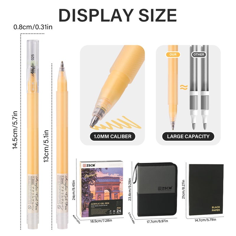 ZSCM 24 Colors 3D Acrylic Gel Pens & Black Paper Sketchbook for Drawing, 1mm Fine Point Acrylic Ink Pen, Opaque Archival Dull Ink Pens for Black Paper Drawing, Sketching, Illustration, Card Making - Image 3