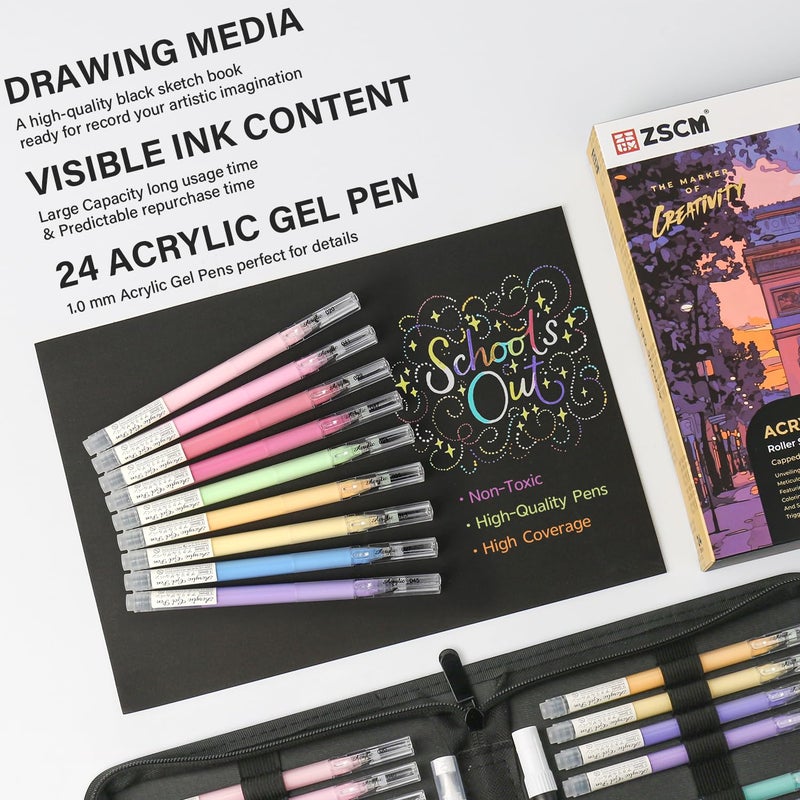 ZSCM 24 Colors 3D Acrylic Gel Pens & Black Paper Sketchbook for Drawing, 1mm Fine Point Acrylic Ink Pen, Opaque Archival Dull Ink Pens for Black Paper Drawing, Sketching, Illustration, Card Making - Image 2