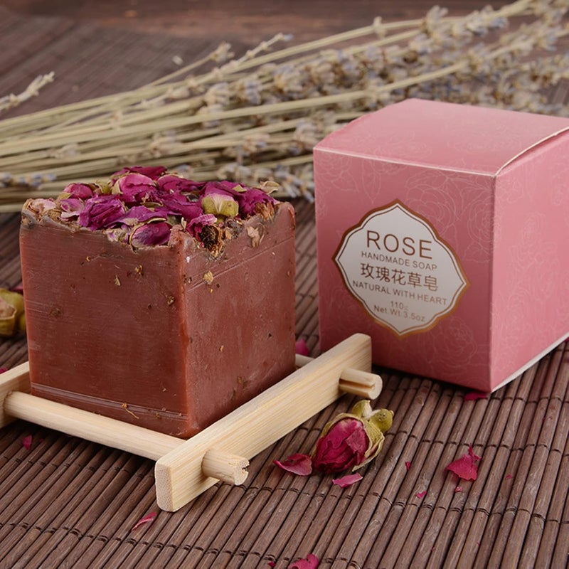 T-shin Tshin Rose Flower Botanical Soap Bar110G Handmade Natural Essential Oil Floral Face Body SoapMoisturizing Artisanal Scented Bath Soap Gift with Blistering Net for Men Women Rose - Image 1