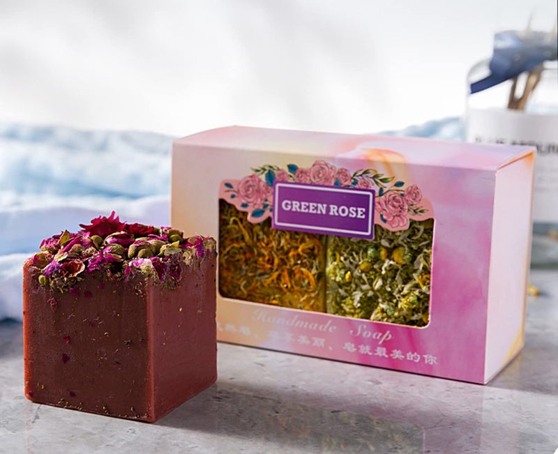 T-shin Tshin Rose Flower Botanical Soap Bar110G Handmade Natural Essential Oil Floral Face Body SoapMoisturizing Artisanal Scented Bath Soap Gift with Blistering Net for Men Women Rose - Image 5