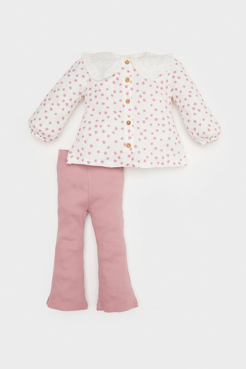 DeFacto Baby Girl Floral Poplin Shirt Trousers 2 Piece Set - Image 1