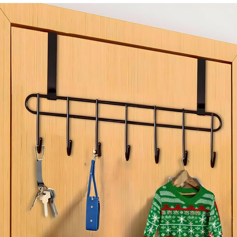 SmartMaison Over-The-Door Hook (Pack of 1), Heavy-Duty Over Door Hanger Holder for Coat Hanging, Robe, Hat, Clothes, Towels, Bathroom Organiser, Towel Rack, 7 Hooks, Matte Black - Image 1