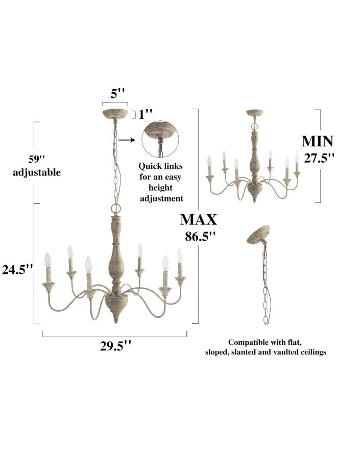 Lnc French Country Chandeliers Wood 6 Lights Rust Arms For Dining Bedroom Living Room And Bathroom Brown Lamp Body Size D29.5 Xh24.5  - Image 4