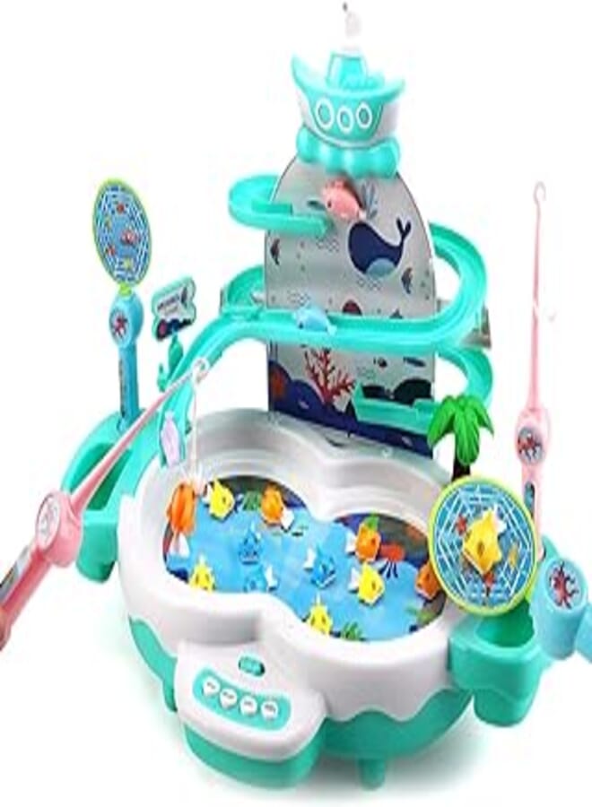CUTE STONE Fishing Game Toys with Slideway,Electronic Toy Fishing Set with Magnetic Pond,10 Fish,3 Magnetic Dolphins,2 Toy Fishing Poles,Learning Educational Toys with Music Story for Kids Toddlers