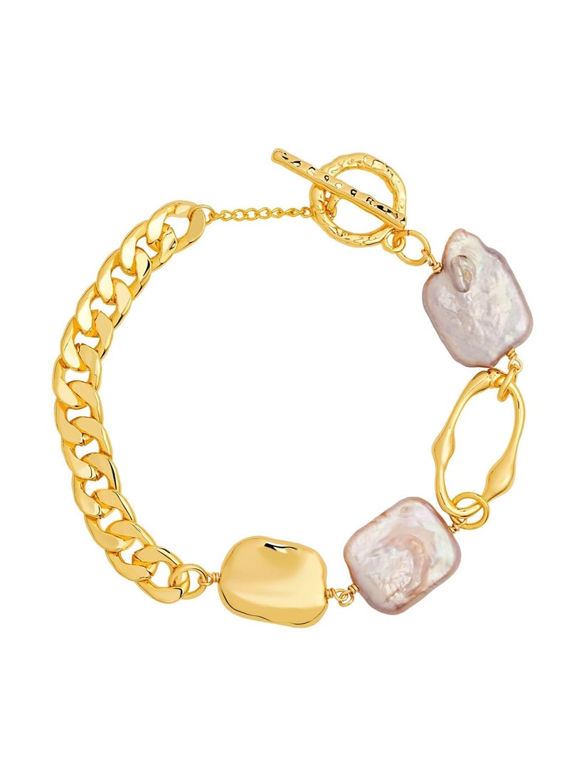 KASTWAVE Baroque Pearl Bracelet, 18K Gold Link Chain Pearl Bracelet for Women, Gold Bracelets for Women Waterproof, 18K Real Gold Jewelry Sets, Classy, Tarnish-Free Gold Charm, Designer Bracelets Jewelry Sets - Image 1