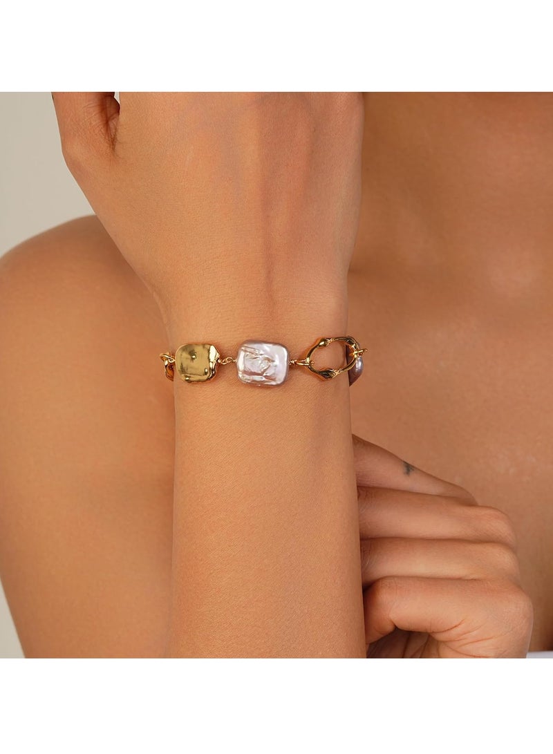 KASTWAVE Baroque Pearl Bracelet, 18K Gold Link Chain Pearl Bracelet for Women, Gold Bracelets for Women Waterproof, 18K Real Gold Jewelry Sets, Classy, Tarnish-Free Gold Charm, Designer Bracelets Jewelry Sets - Image 2