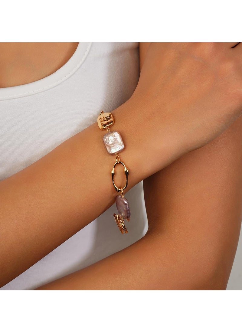 KASTWAVE Baroque Pearl Bracelet, 18K Gold Link Chain Pearl Bracelet for Women, Gold Bracelets for Women Waterproof, 18K Real Gold Jewelry Sets, Classy, Tarnish-Free Gold Charm, Designer Bracelets Jewelry Sets - Image 3