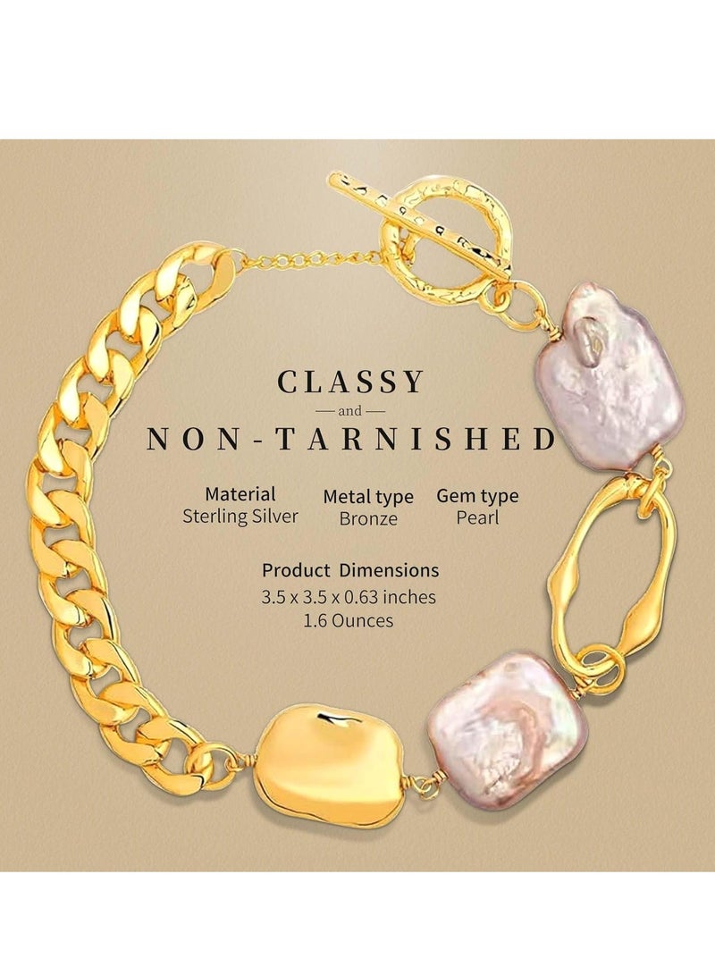KASTWAVE Baroque Pearl Bracelet, 18K Gold Link Chain Pearl Bracelet for Women, Gold Bracelets for Women Waterproof, 18K Real Gold Jewelry Sets, Classy, Tarnish-Free Gold Charm, Designer Bracelets Jewelry Sets - Image 4