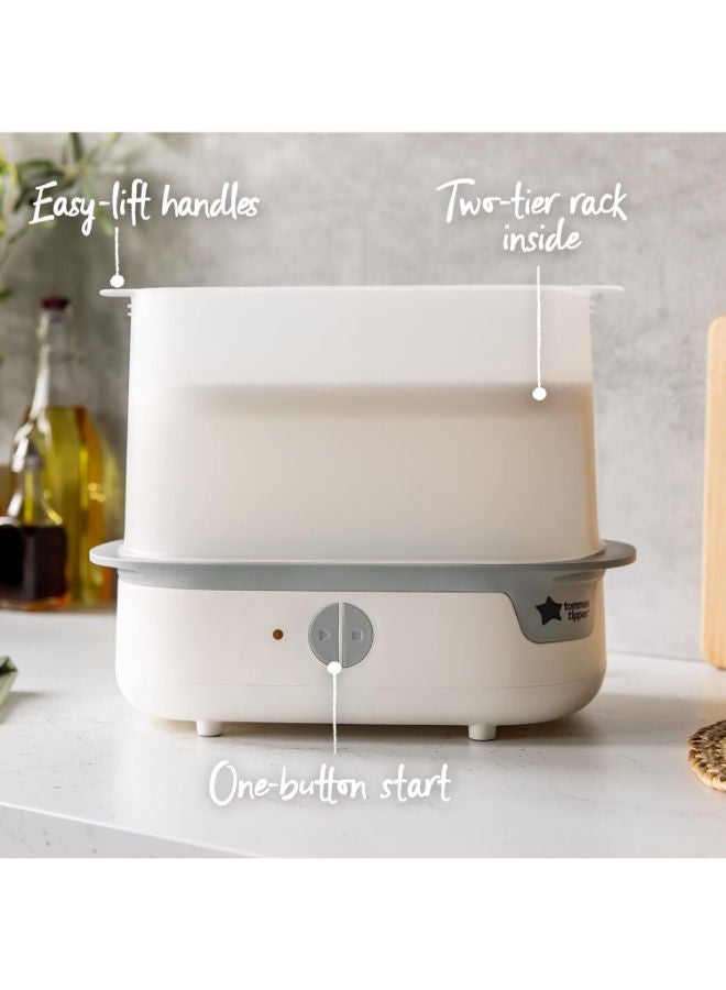تومي تيبي Tommee Tippee Supersteam Electric Steam Sterilizer for Baby Bottles, Kills Viruses† and 99.9% of Bacteria, 5-Minute Sterilization Cycle, White - Image 1