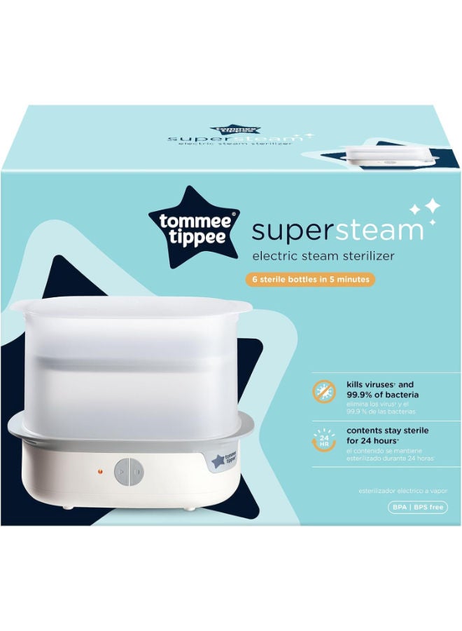 تومي تيبي Tommee Tippee Supersteam Electric Steam Sterilizer for Baby Bottles, Kills Viruses† and 99.9% of Bacteria, 5-Minute Sterilization Cycle, White - Image 3