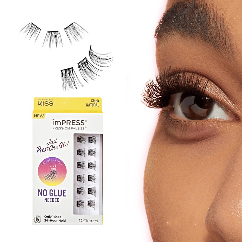 Impress KISS imPRESS Falsies Press On Self Adhesive Eyelashes, 12mm-14mm Natural Volume Press On Lashes, Black, No Glue Needed, Invisible Band, 12 Lash Clusters - Sleek - Image 1