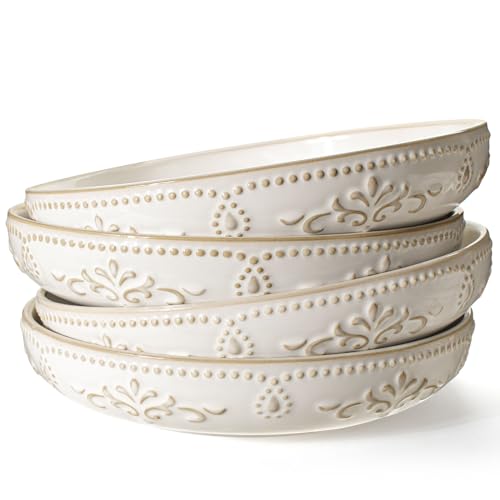 Artena Pasta Bowls, 50oz Large Salad Serving Bowls, 9.75'' Plates Bowl Set of 4, Big White Ceramic Soup Bowl for Kitchen, Embossment Shallow Dinner Bowl, Microwave Dishwasher Safe, Damask Floral - Image 1
