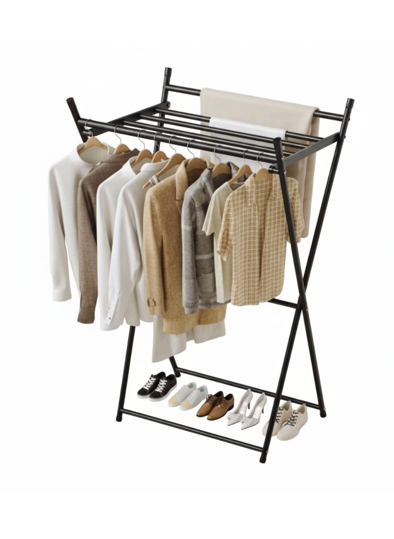 LIVVY Foldable Clothes Drying Rack, Heavy Duty Laundry Hanger Stand with Shoe Shelf, Portable Garment Organizer for Indoor & Outdoor Use, Space Saving Metal Clothing Rack - Image 1