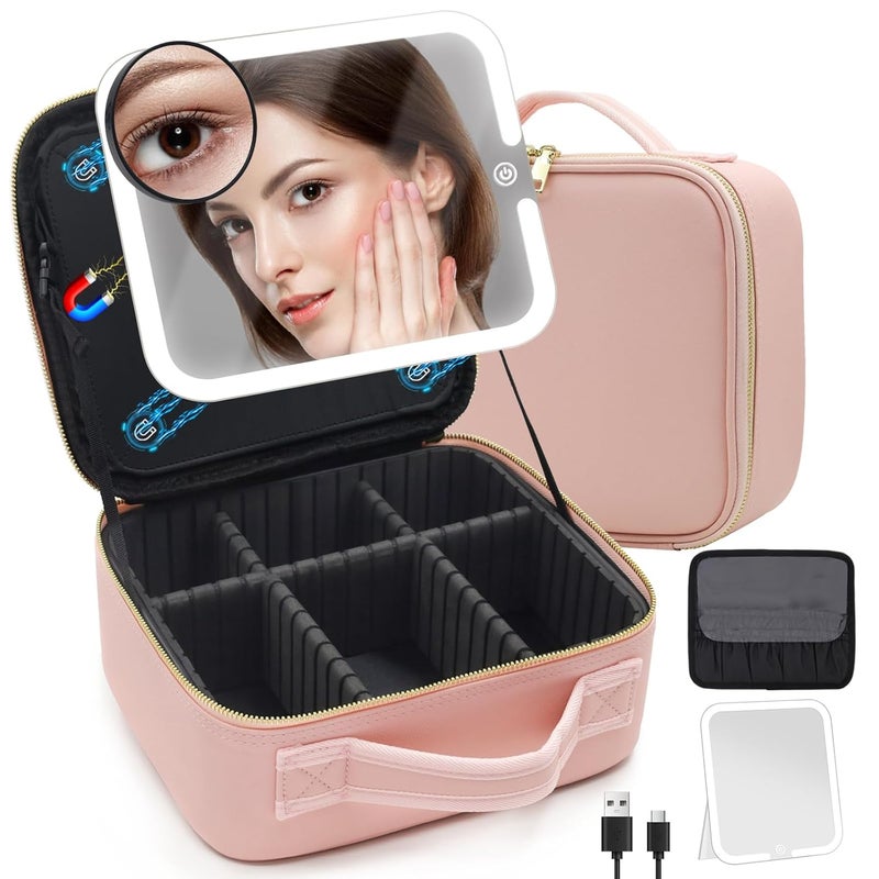 Suupvaor Travel Makeup Bag Cosmetic Organizer with Large Magnetic Removable Lighted Mirror 3Color Modes Adjustable Brightness 360 Angle Makeup Travel Train Case Gift Pink - Image 1