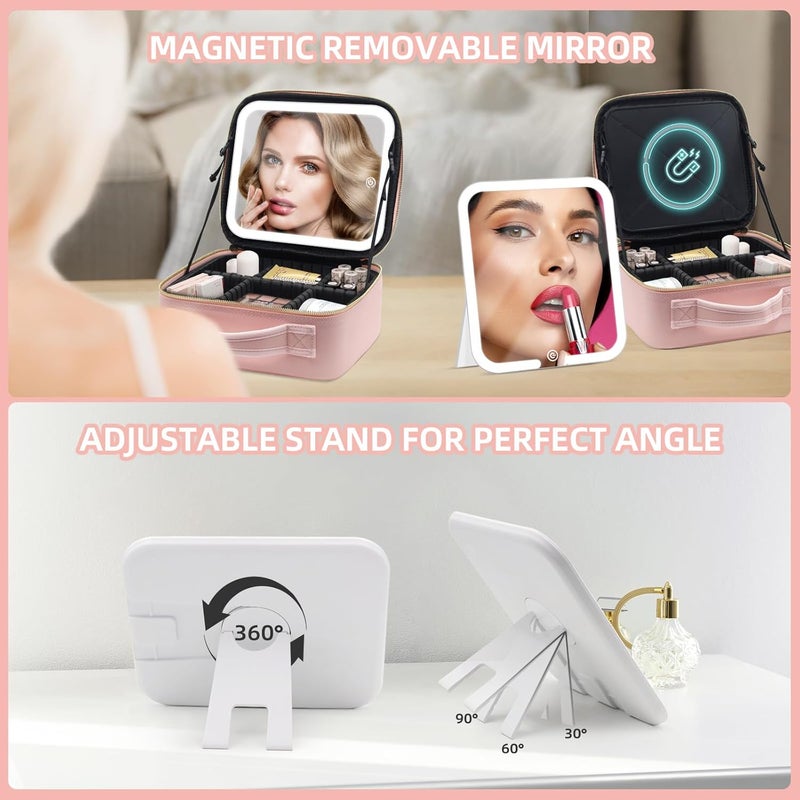 Suupvaor Travel Makeup Bag Cosmetic Organizer with Large Magnetic Removable Lighted Mirror 3Color Modes Adjustable Brightness 360 Angle Makeup Travel Train Case Gift Pink - Image 2